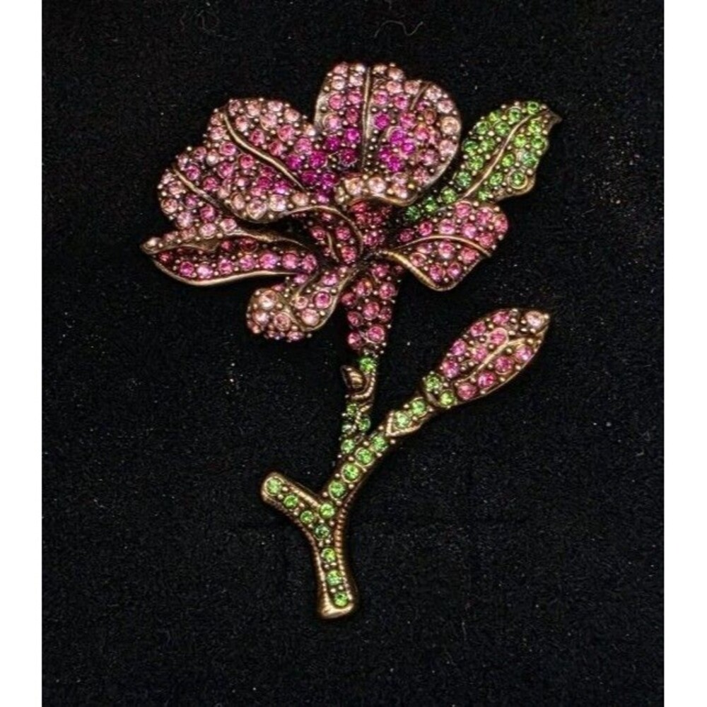 HEIDI DAUS Pink Crystal Flower Pin Brooch Signed Bronze Tone Metal With Box